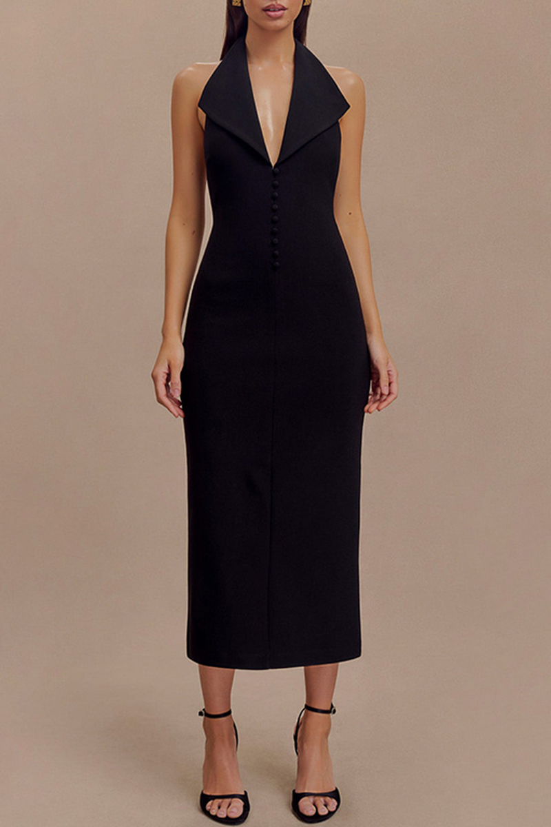 Buckle Backless Turndown Collar One Step Skirt Dresses(3 Colors)