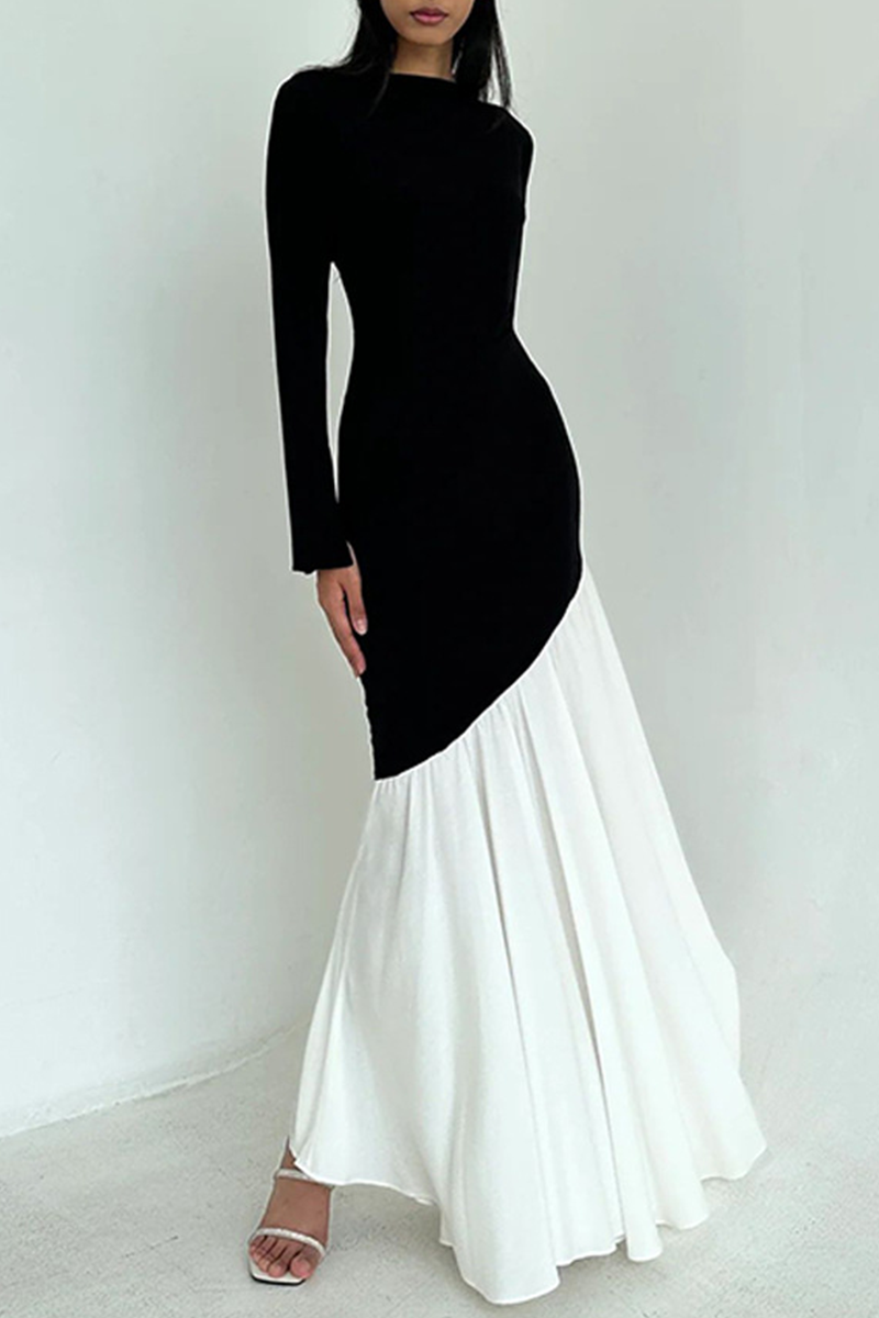 Ruched Contrast O Neck Long Dresses