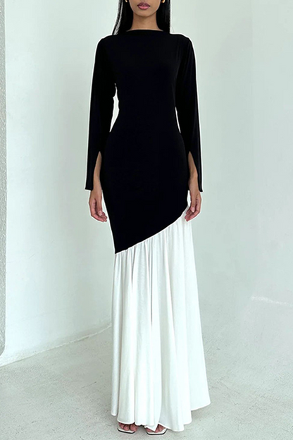 Ruched Contrast O Neck Long Dresses