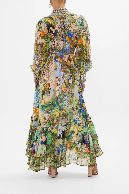 Print Contrast V Neck Waist Skirt Dresses