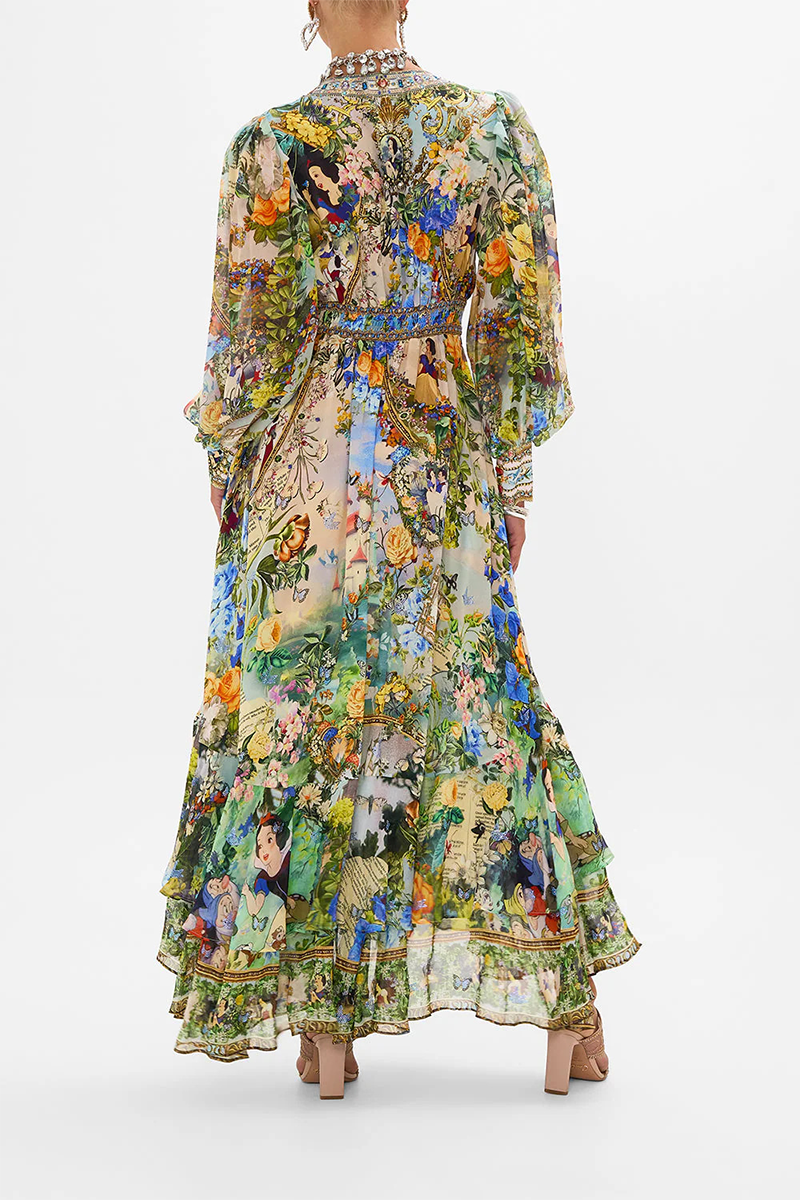 Print Contrast V Neck Waist Skirt Dresses