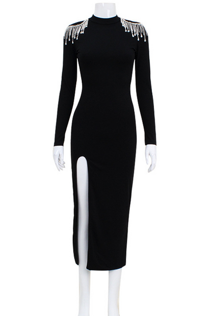 Rhinestone Fringed Trim Slit Turtleneck Wrapped Skirt Dresses