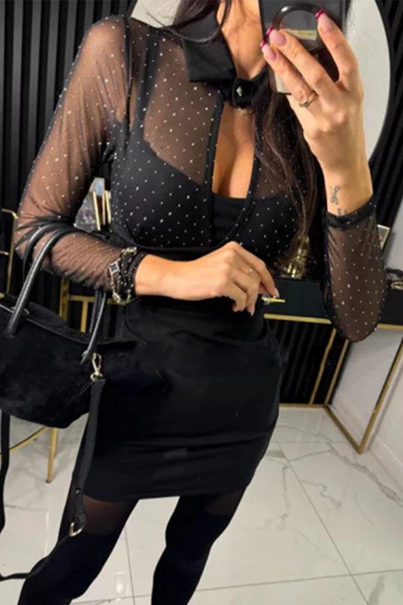 Buttons Mesh Hot Drill Turndown Collar Wrapped Skirt Dresses(3 Colors)