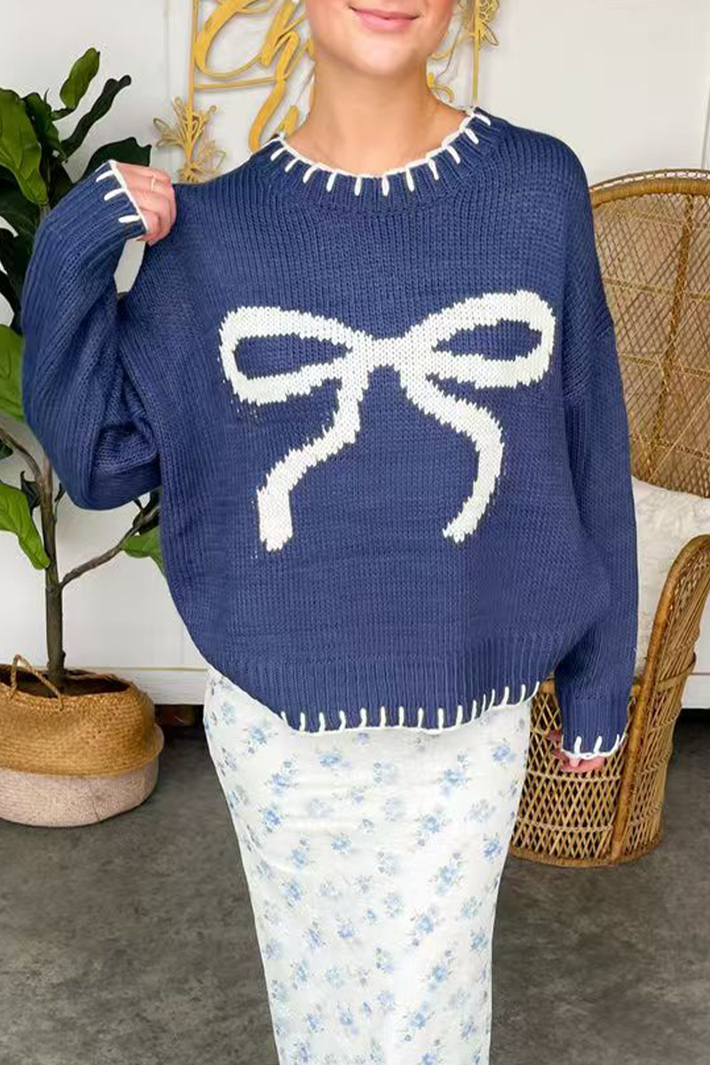 Bow Weave Contrast O Neck Sweaters