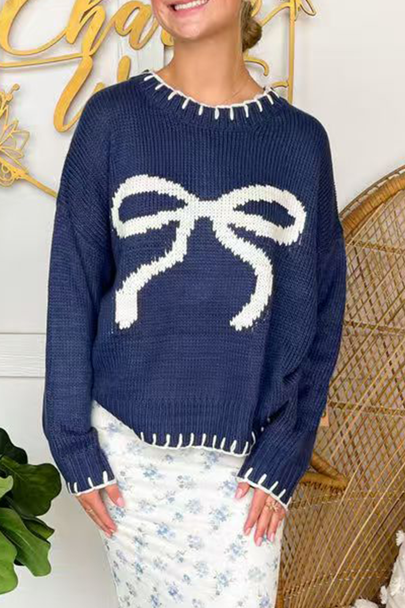 Bow Weave Contrast O Neck Sweaters