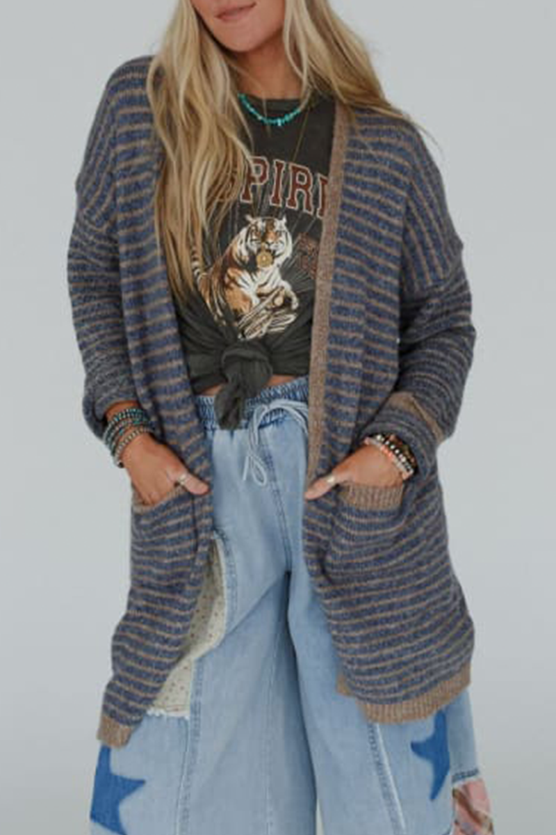 Stripe Pocket Weave Contrast Cardigan Collar Outerwear