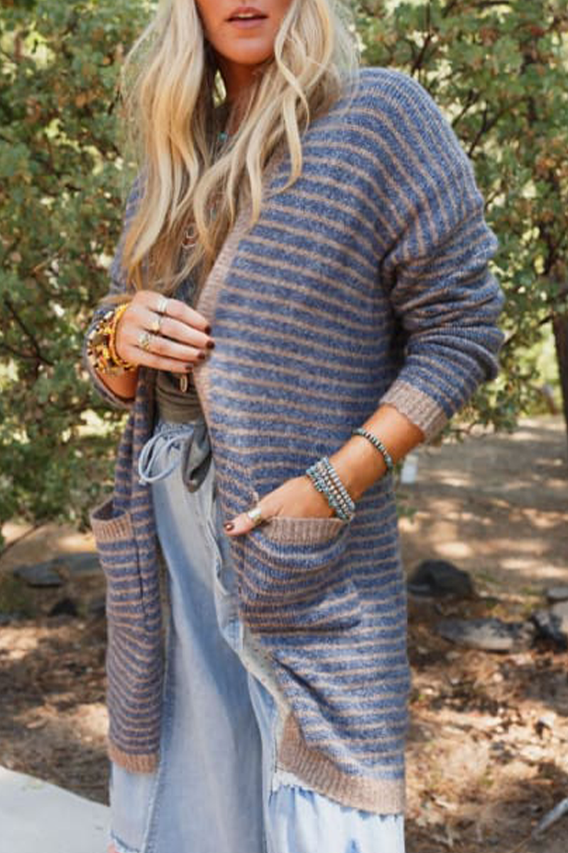 Stripe Pocket Weave Contrast Cardigan Collar Outerwear