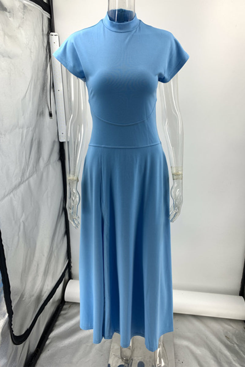 Pocket Slit Zipper Half a Turtleneck Long Dresses