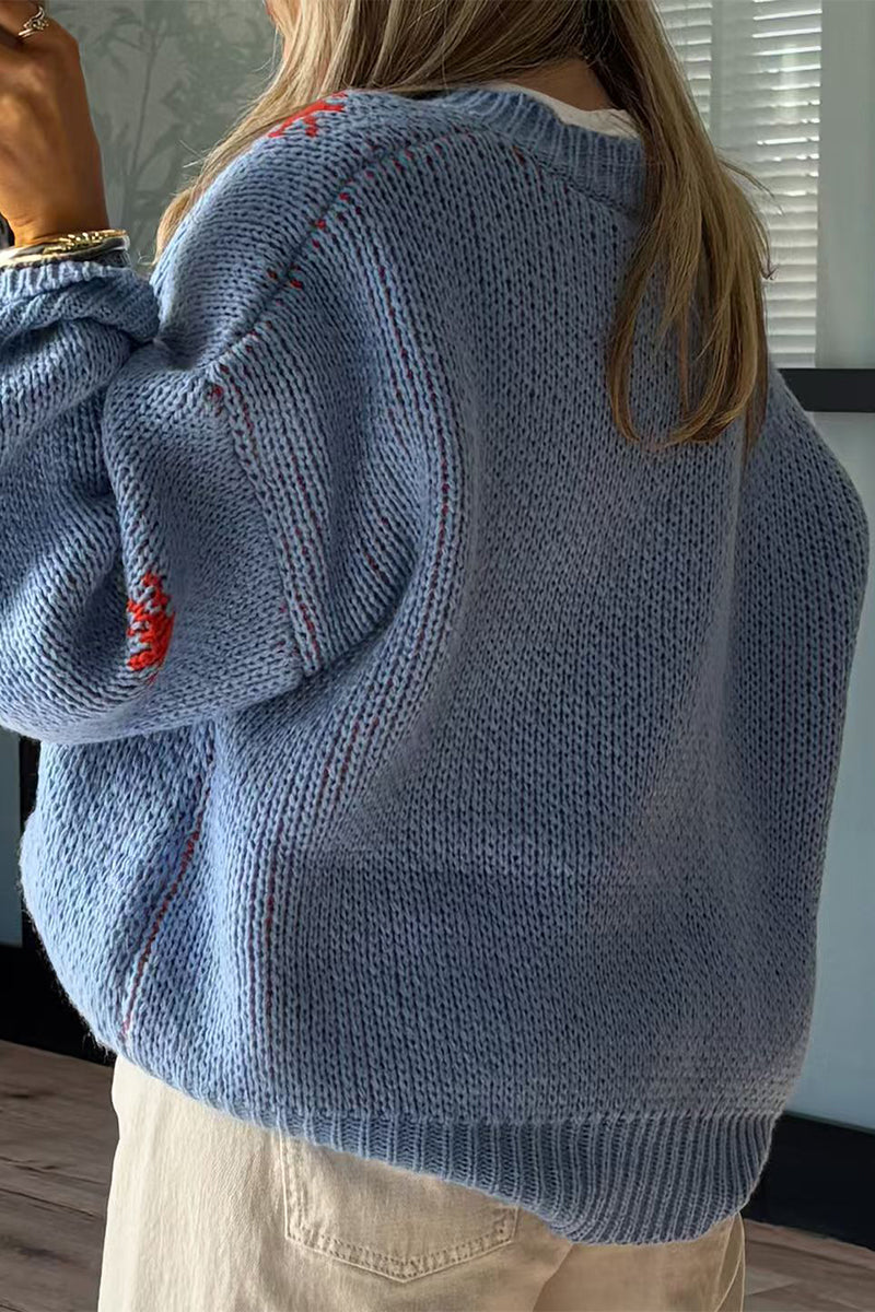 Snowflakes Weave Contrast O Neck Sweaters