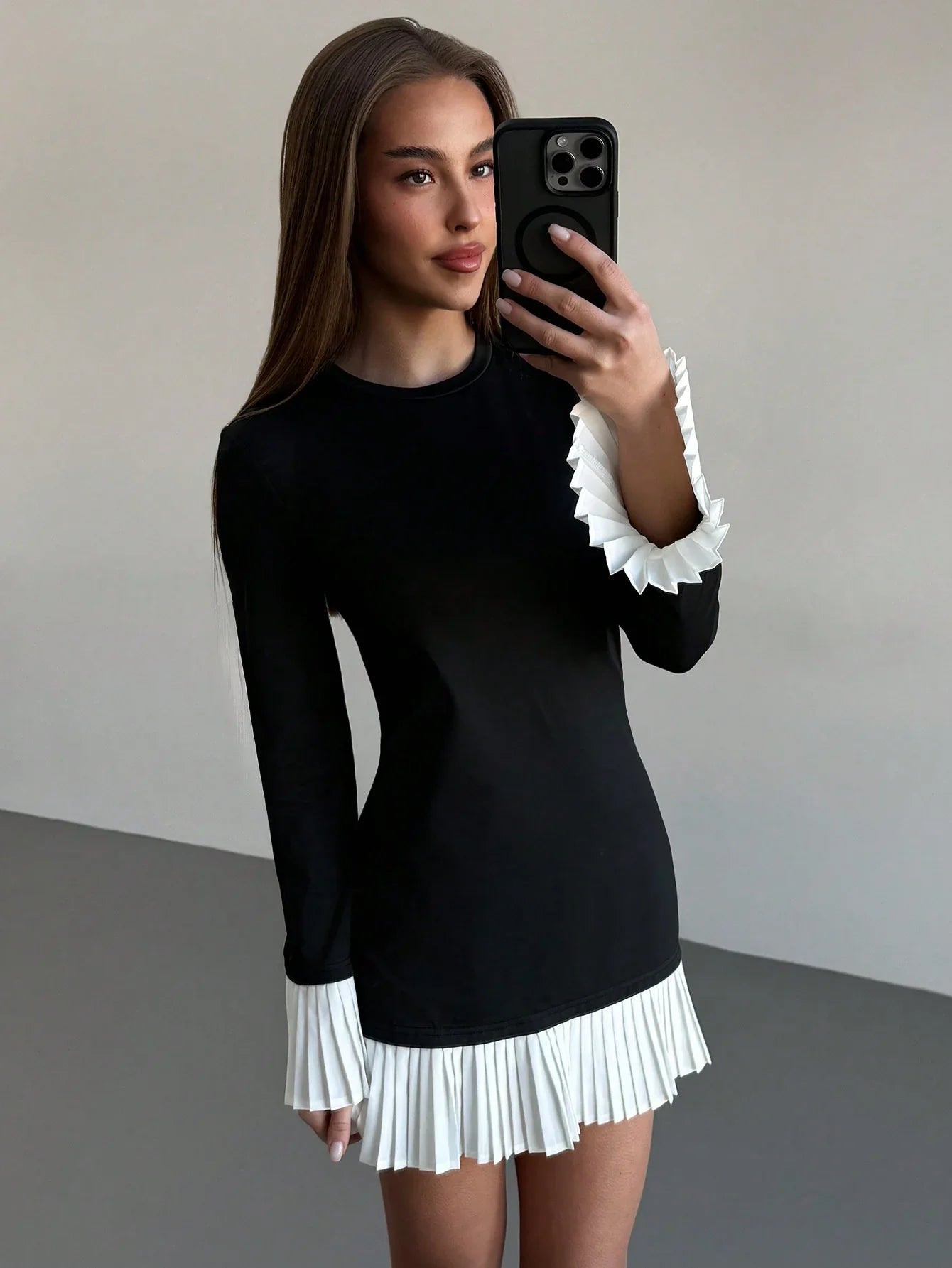 Flattering Round Neck Long Sleeve Colorblock Splice Dress