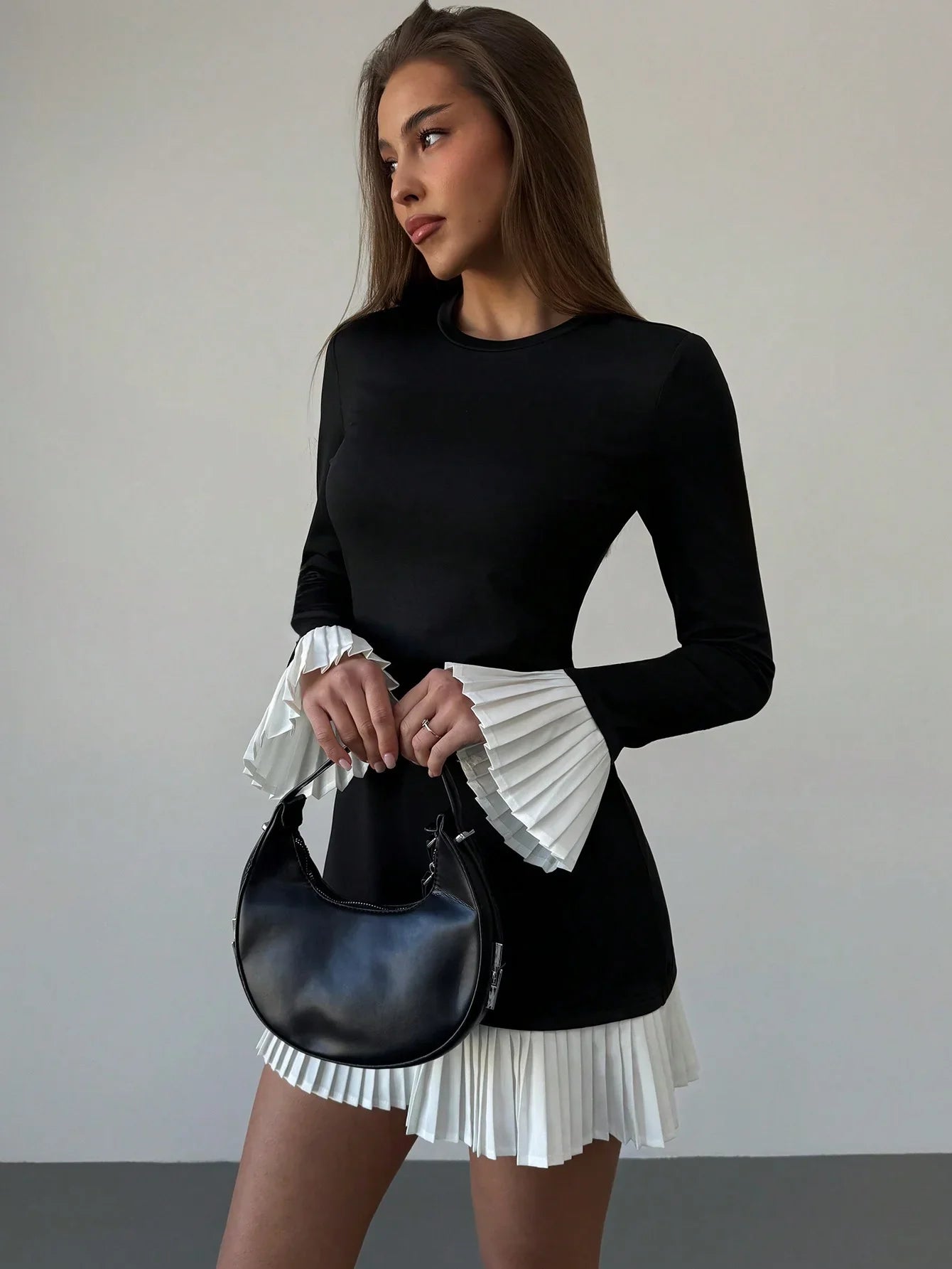 Flattering Round Neck Long Sleeve Colorblock Splice Dress