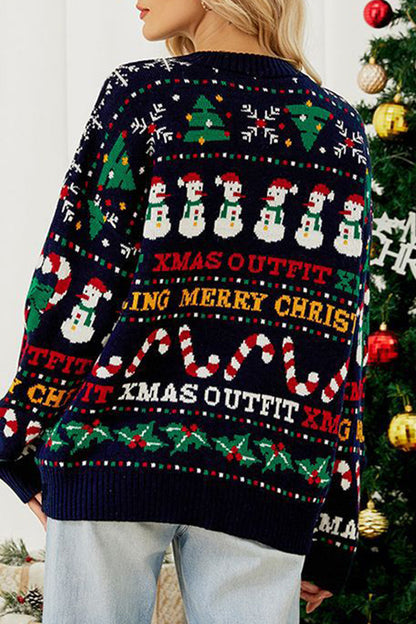 Daily Snowflakes Christmas Tree Letters Weave Contrast O Neck Sweaters