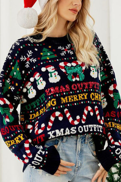 Daily Snowflakes Christmas Tree Letters Weave Contrast O Neck Sweaters