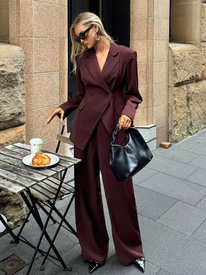 Notched Collar Jacket and Pants Office Suit Coffee Brown
