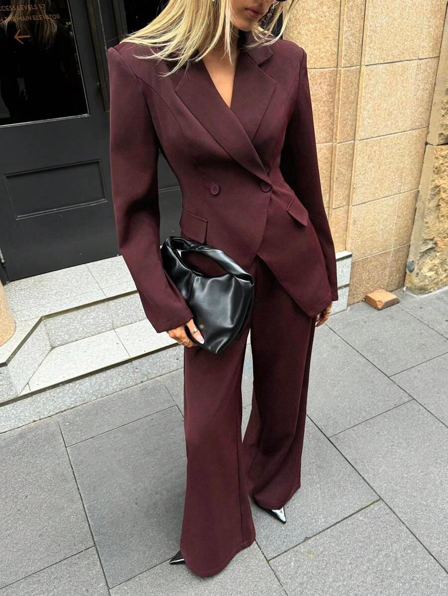 Notched Collar Jacket and Pants Office Suit Coffee Brown