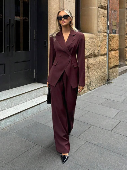 Notched Collar Jacket and Pants Office Suit Coffee Brown