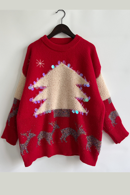 Christmas Tree Sequins Patch O Neck Sweaters