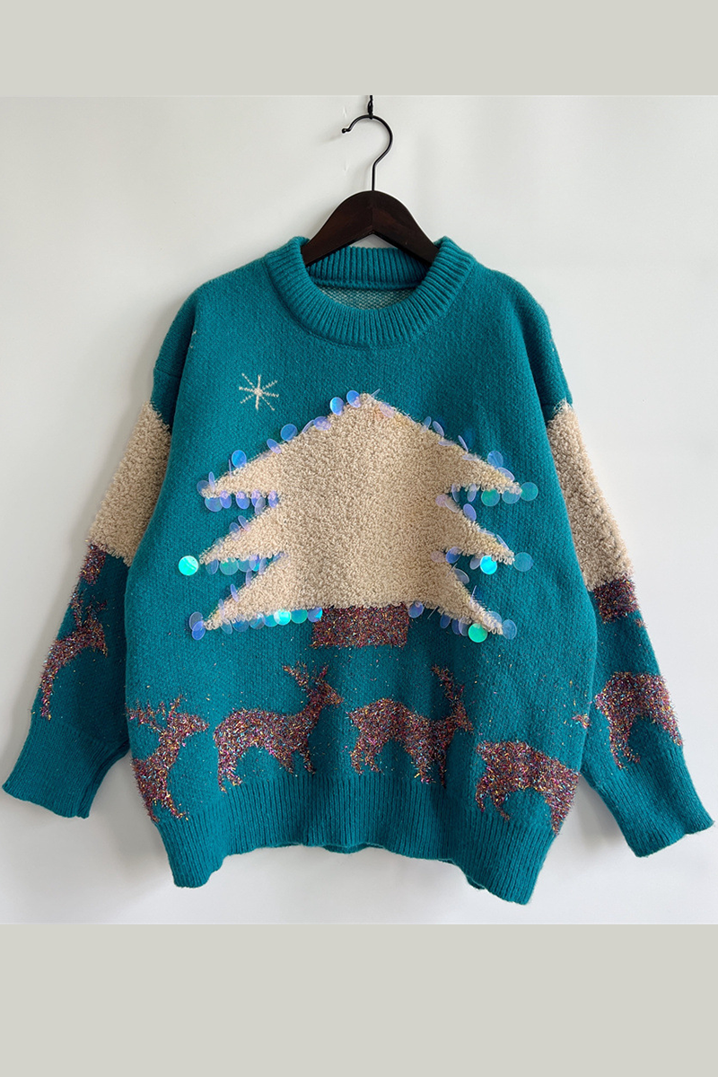 Christmas Tree Sequins Patch O Neck Sweaters