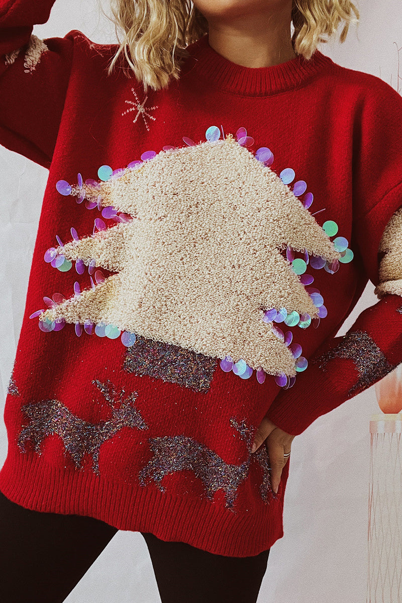 Christmas Tree Sequins Patch O Neck Sweaters