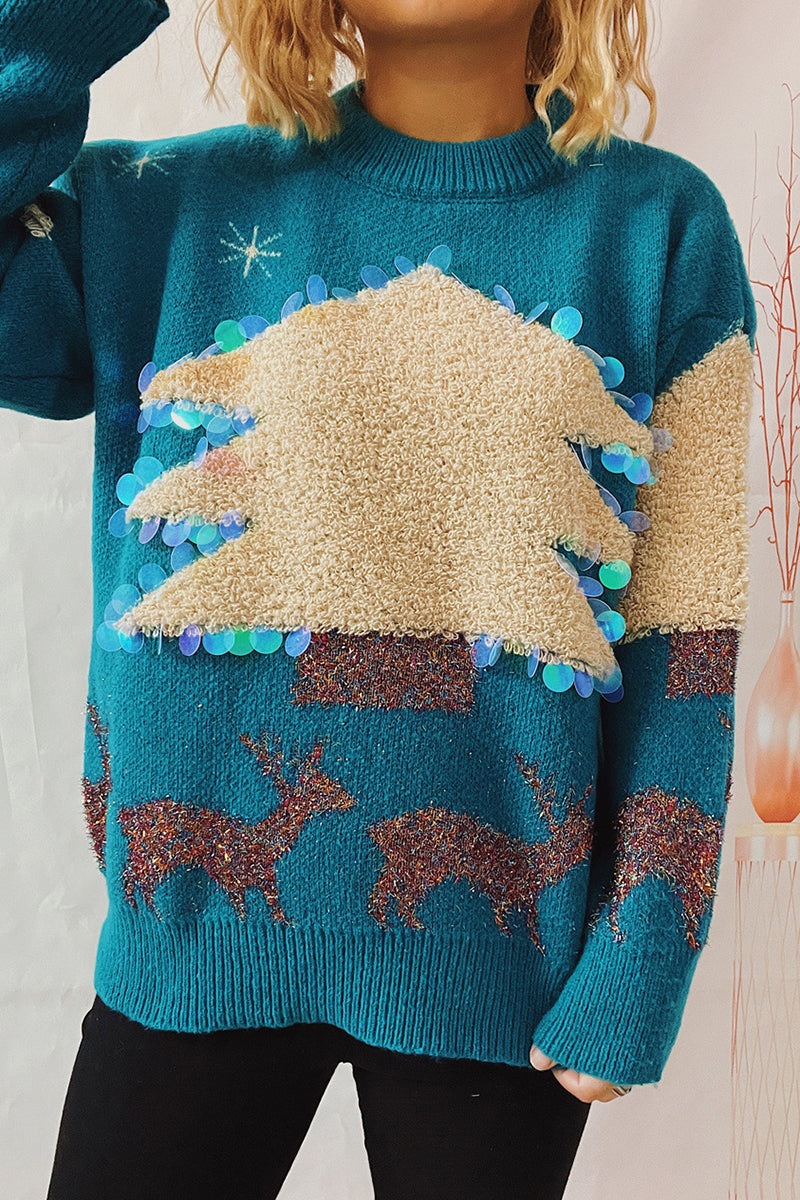 Christmas Tree Sequins Patch O Neck Sweaters
