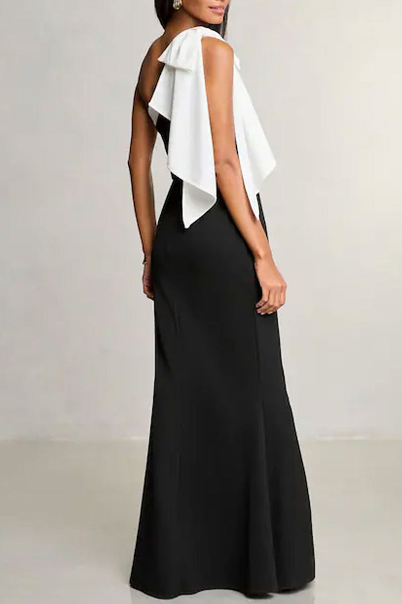 Patchwork Contrast Oblique Collar Long Dresses