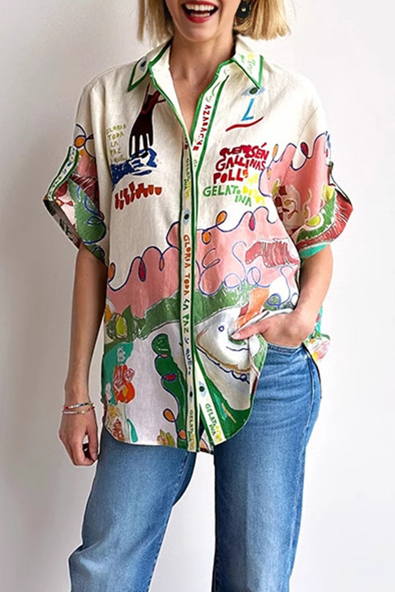 Cartoon Print Buttons Contrast Turndown Collar Blouses