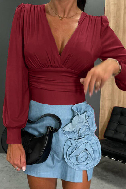 Color Ruched V Neck Blouses(3 Colors)