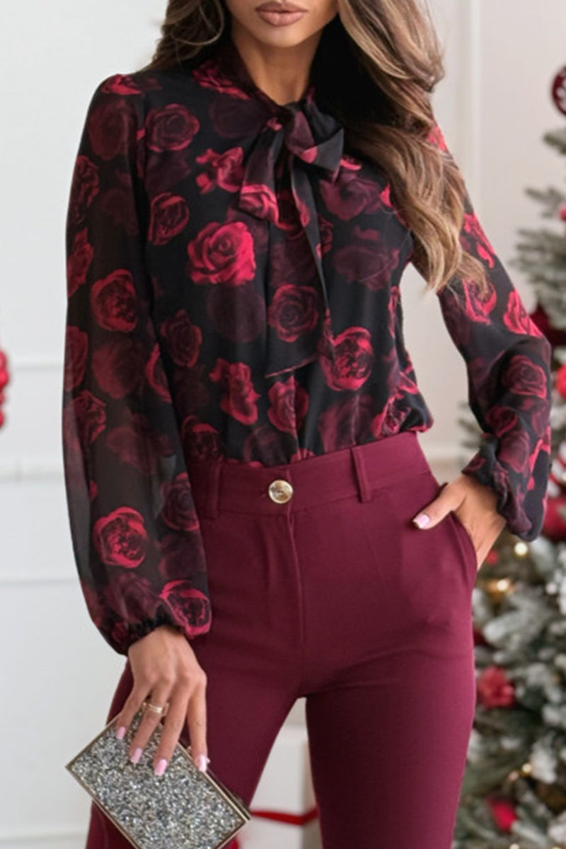 Flowers Lace Up Contrast Tie Neck Blouses(3 Colors)