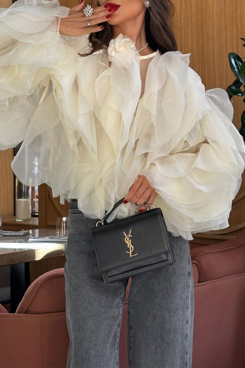Irregular Stringy Selvedge Flower Shape O Neck Blouses