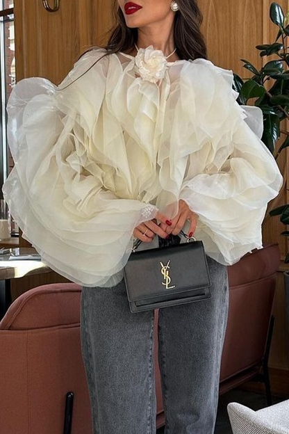 Irregular Stringy Selvedge Flower Shape O Neck Blouses