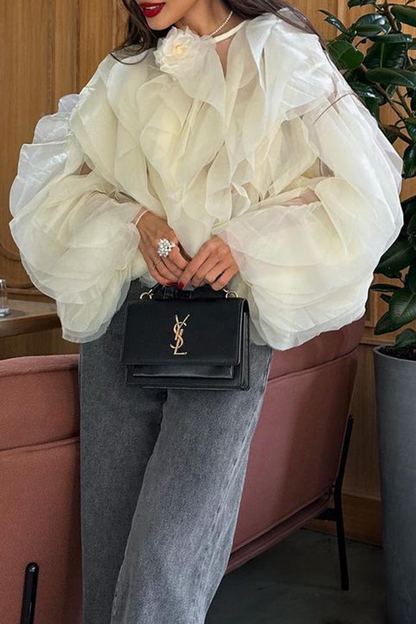 Irregular Stringy Selvedge Flower Shape O Neck Blouses