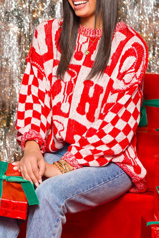 Party Plaid Letters Weave Contrast O Neck Sweaters