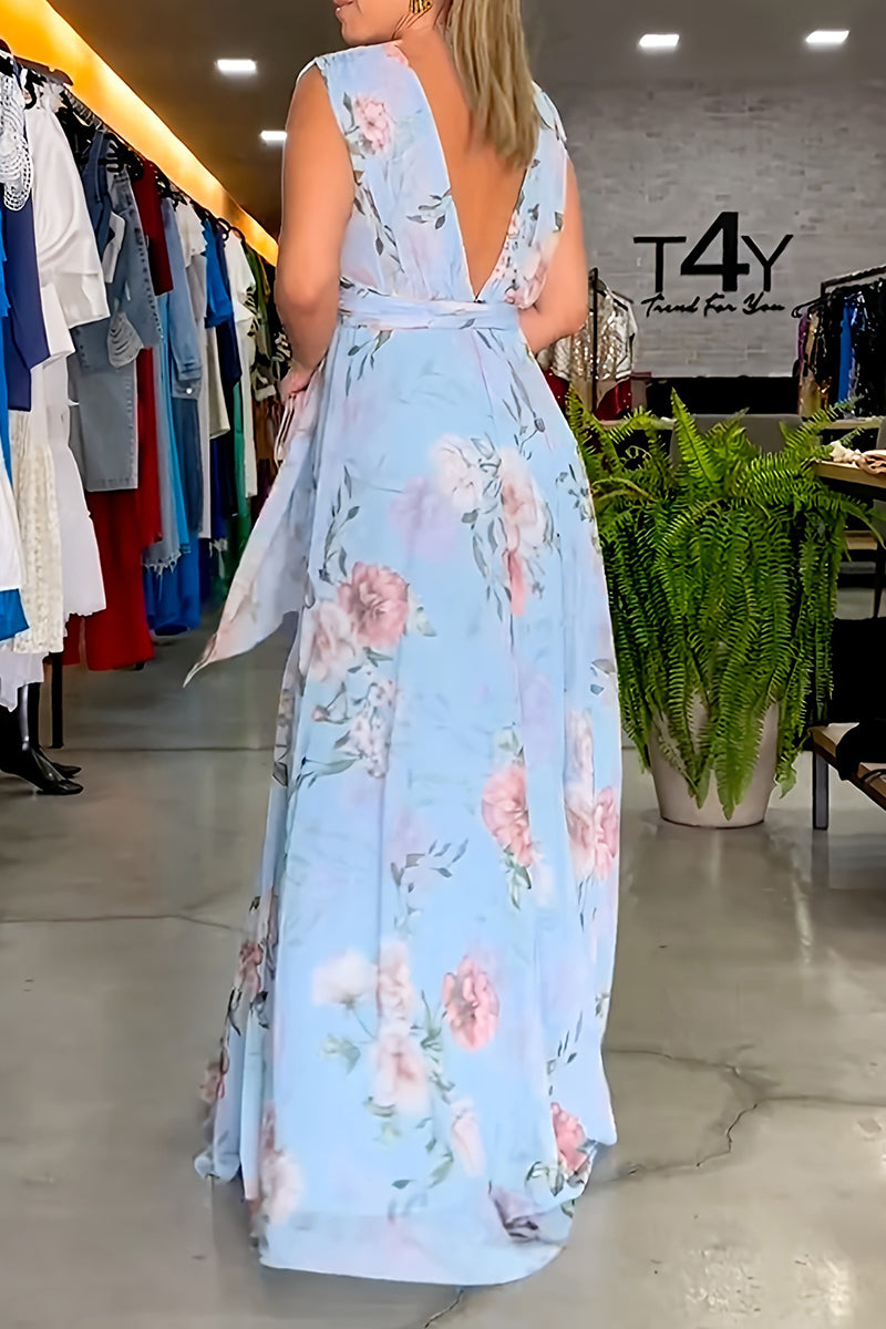 Print Lace Up V Neck Long Dresses(3 Colors)