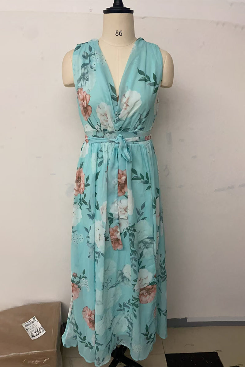 Print Lace Up V Neck Long Dresses(3 Colors)