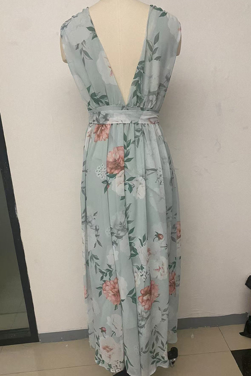 Print Lace Up V Neck Long Dresses(3 Colors)