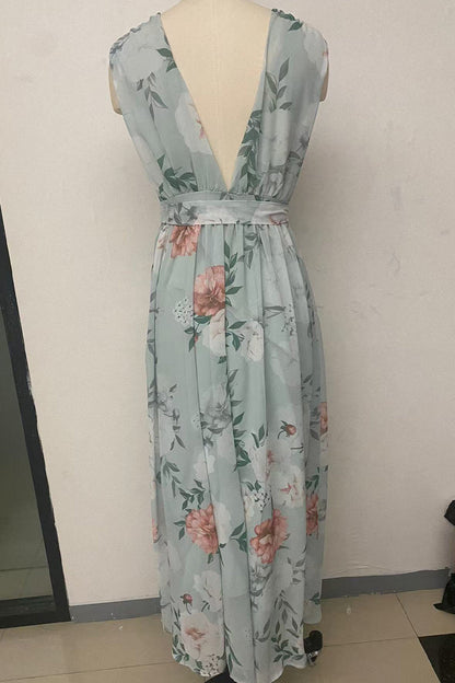 Print Lace Up V Neck Long Dresses(3 Colors)