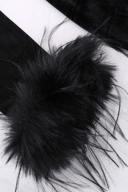 Mesh Feather Hemline Velvet O Neck Wrapped Skirt Dresses