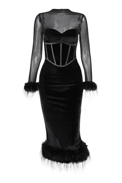 Mesh Feather Hemline Velvet O Neck Wrapped Skirt Dresses