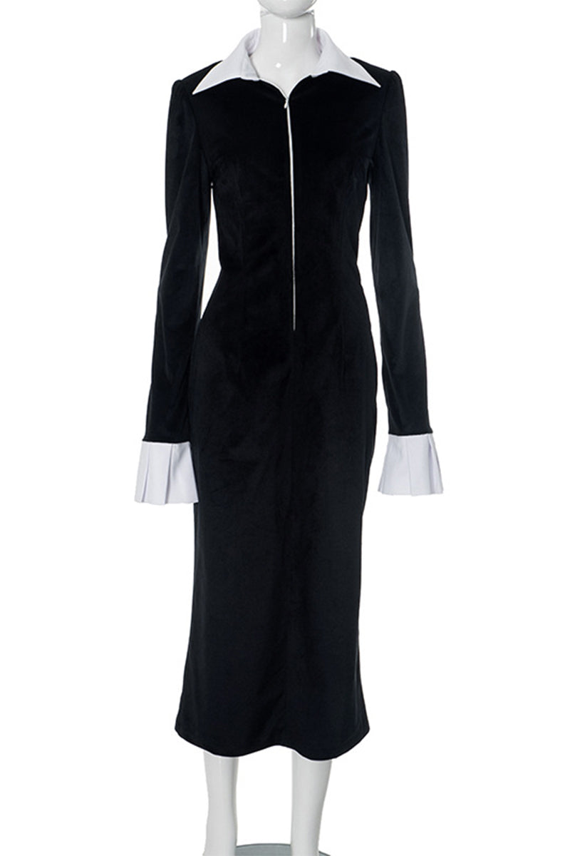 Zipper Contrast Turndown Collar One Step Skirt Dresses