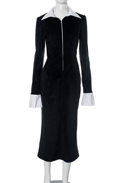 Zipper Contrast Turndown Collar One Step Skirt Dresses