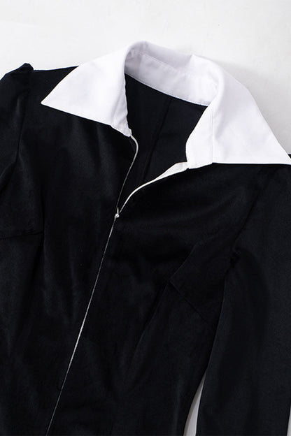 Zipper Contrast Turndown Collar One Step Skirt Dresses