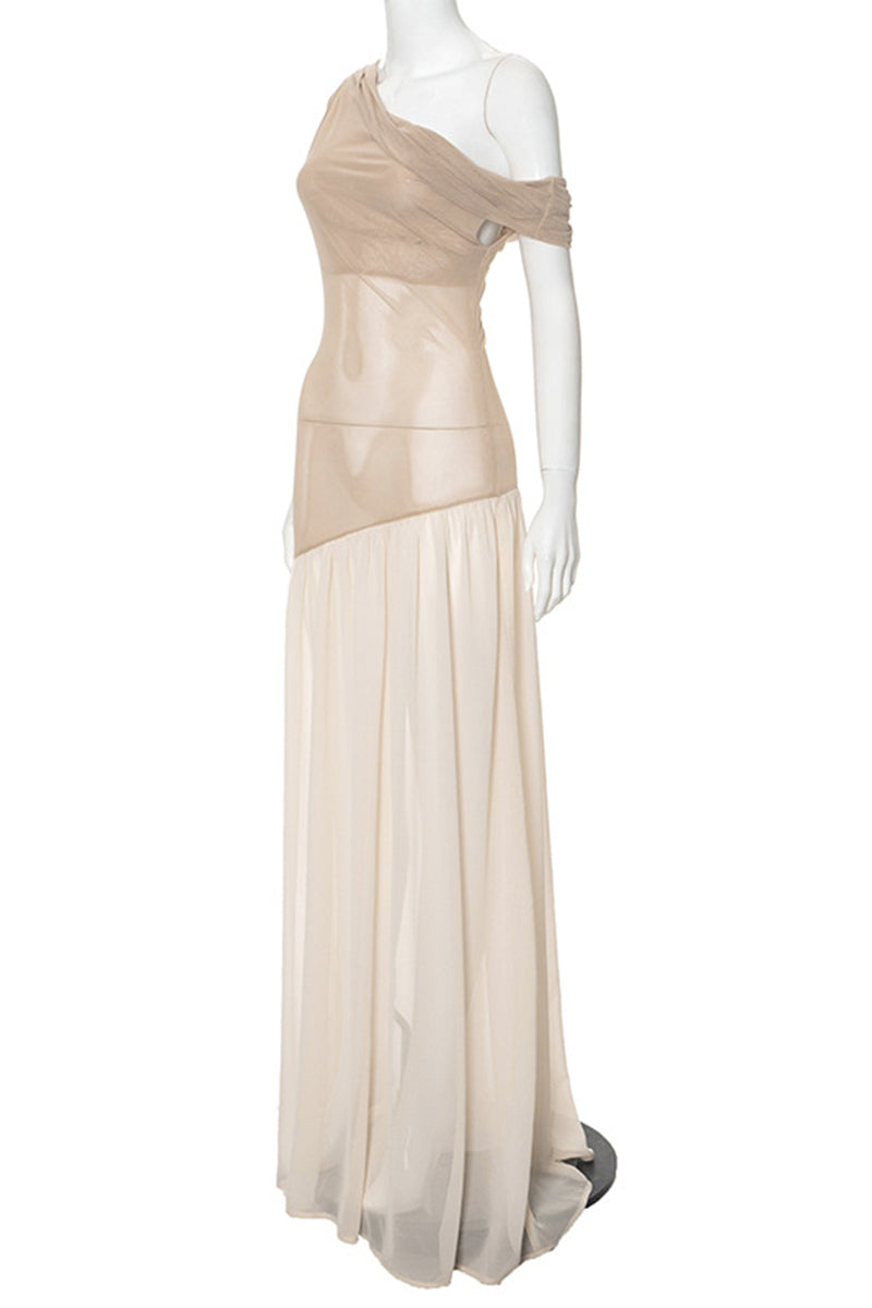 Patchwork See-through Irregular Oblique Collar Long Dresses