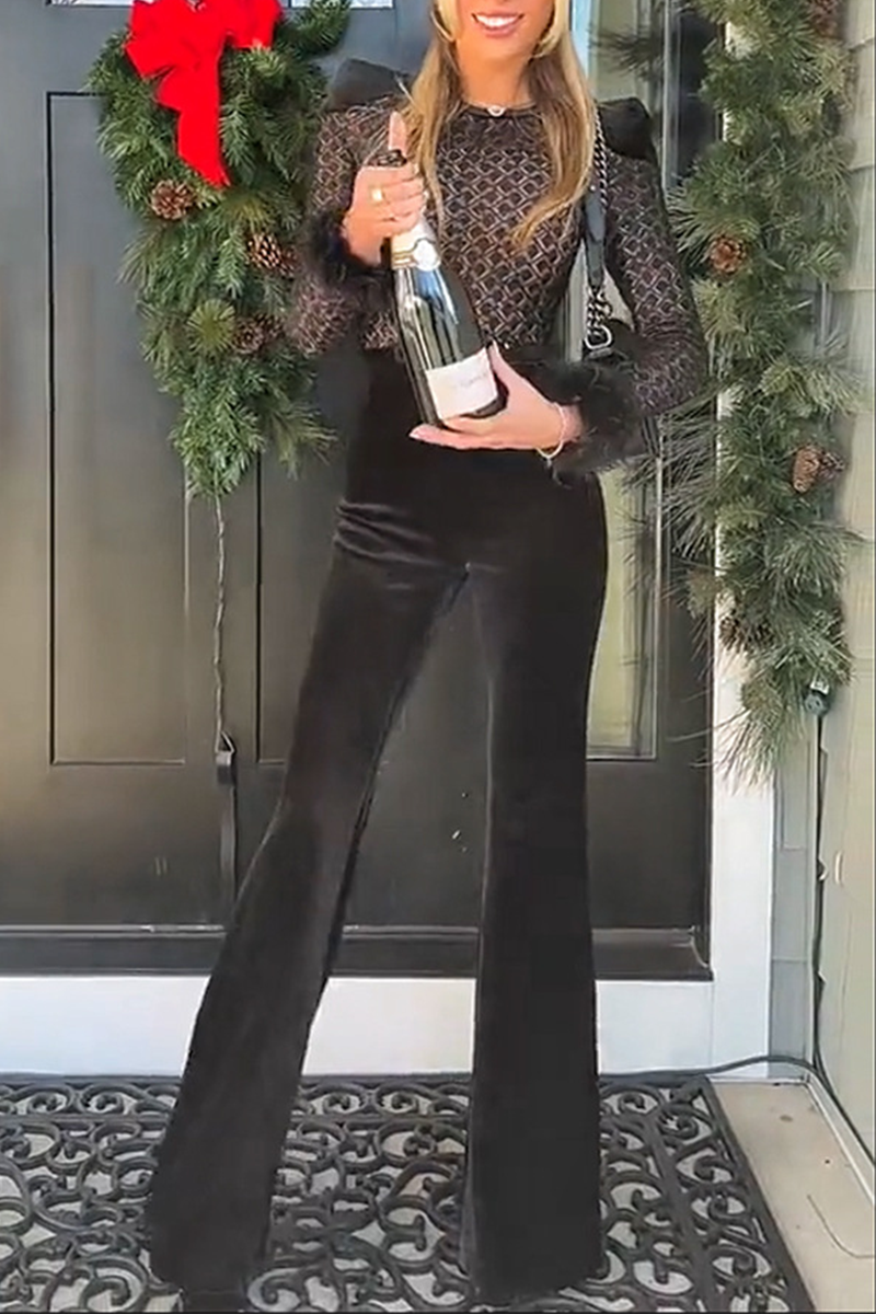 Patchwork See-through Velvet O Neck Regular Jumpsuits