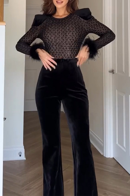 Patchwork See-through Velvet O Neck Regular Jumpsuits