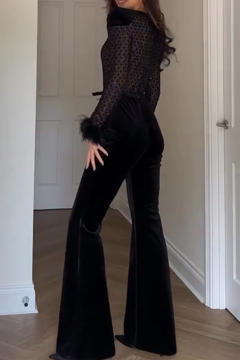 Patchwork See-through Velvet O Neck Regular Jumpsuits