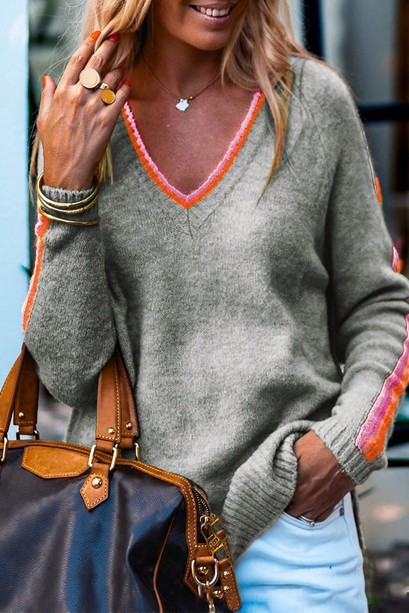 Street Stripe Patchwork Contrast V Neck Sweaters(3 Colors)