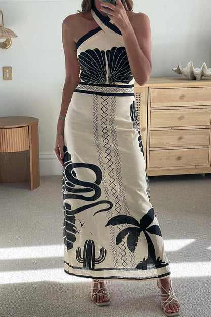 Vacation Print Contrast Halter One Step Skirt Dresses