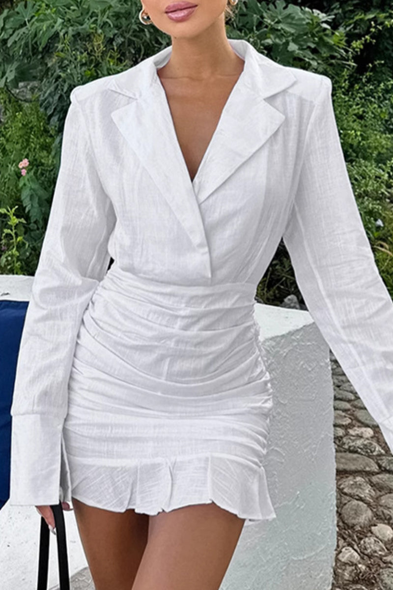 Ruffle Ruched Turn-back Collar Wrapped Skirt Dresses