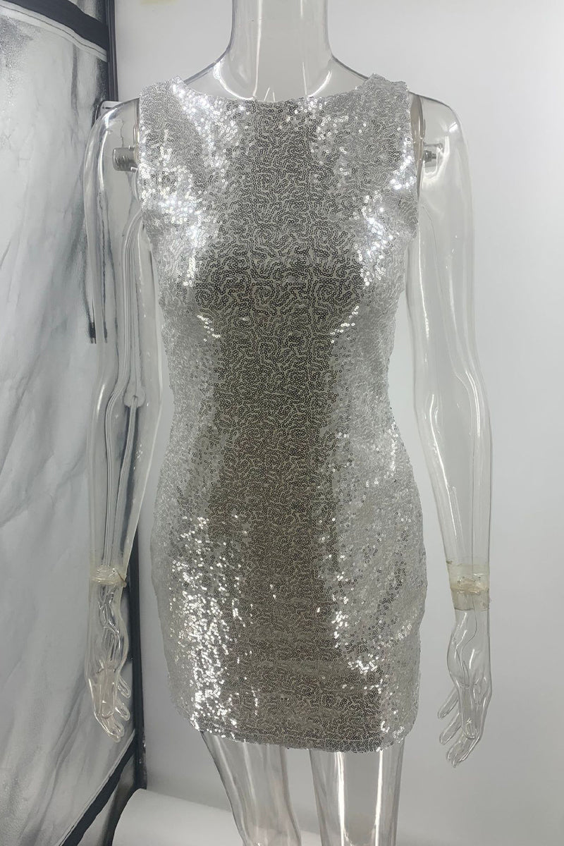 Sequins Lace Up Backless O Neck Wrapped Skirt Dresses
