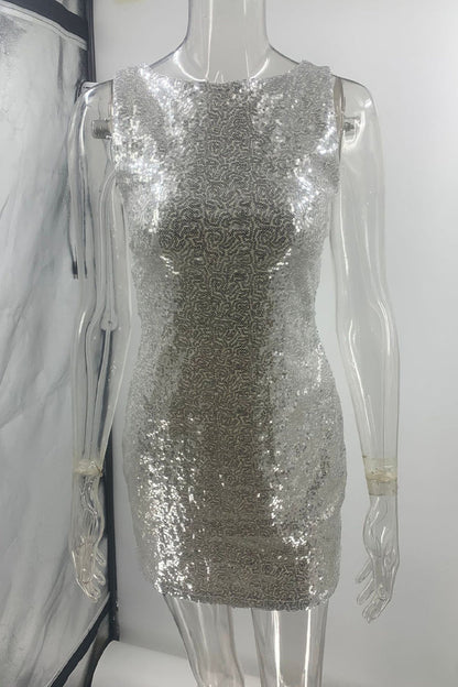 Sequins Lace Up Backless O Neck Wrapped Skirt Dresses